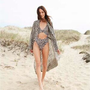 SOMETHING NAVY Brown Leopard Print Swim Coverup Robe Kimono Wrap